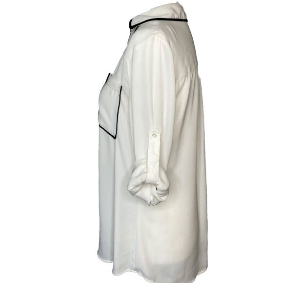 Express The Portofino Shirt Medium Ivory Black Piping Button Up Blouse Top - Picture 5 of 12